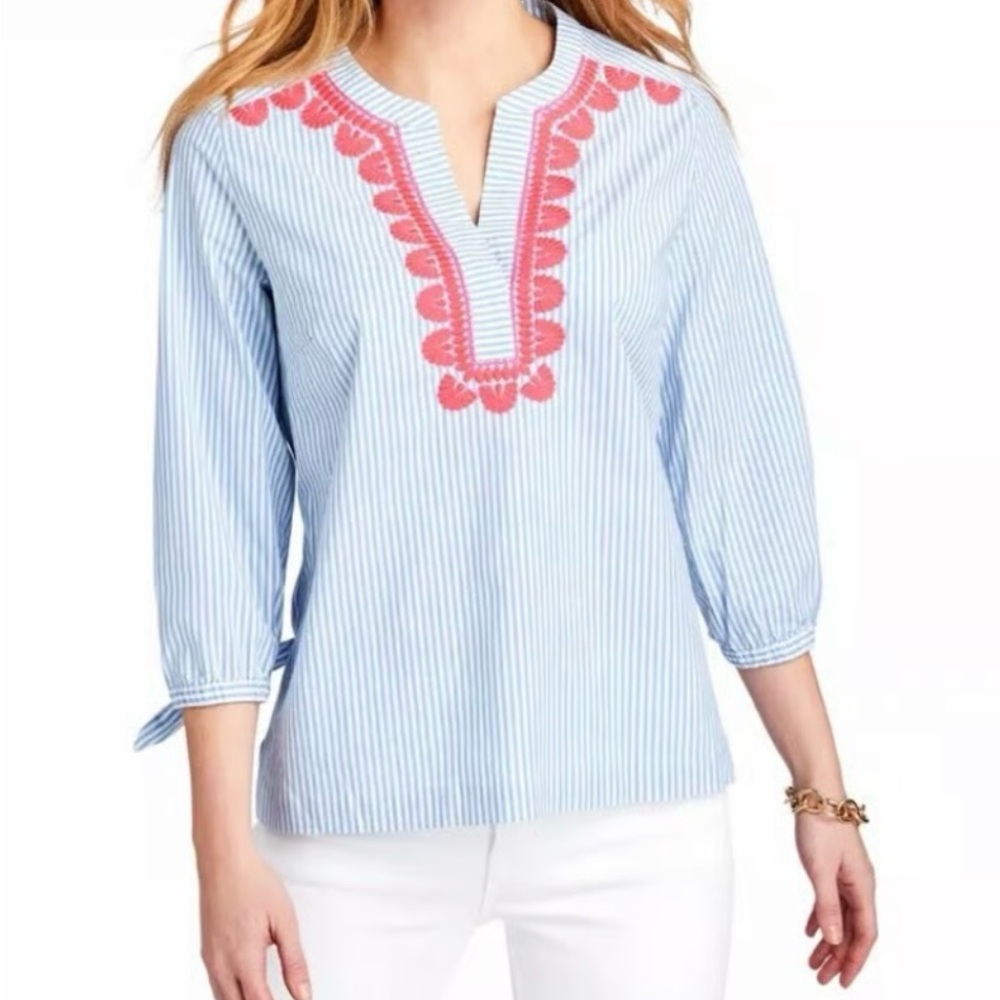 Vineyard Vines Blue and White Embellished Blouse with Mandarin Collar